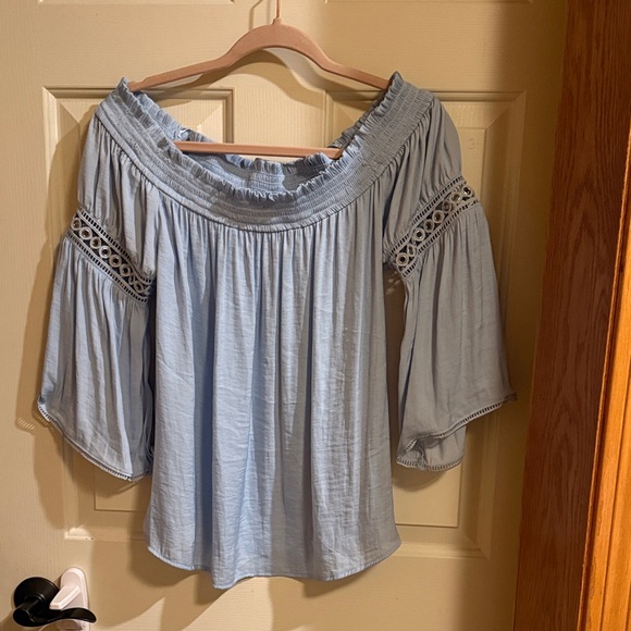 Jennifer Lopez Tops - Jennifer Lopez Sky Blue Blouse with Lace Trim